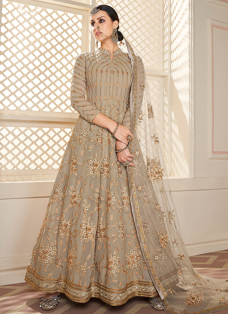 Beige Golden Lucknowi Anarkali Suit