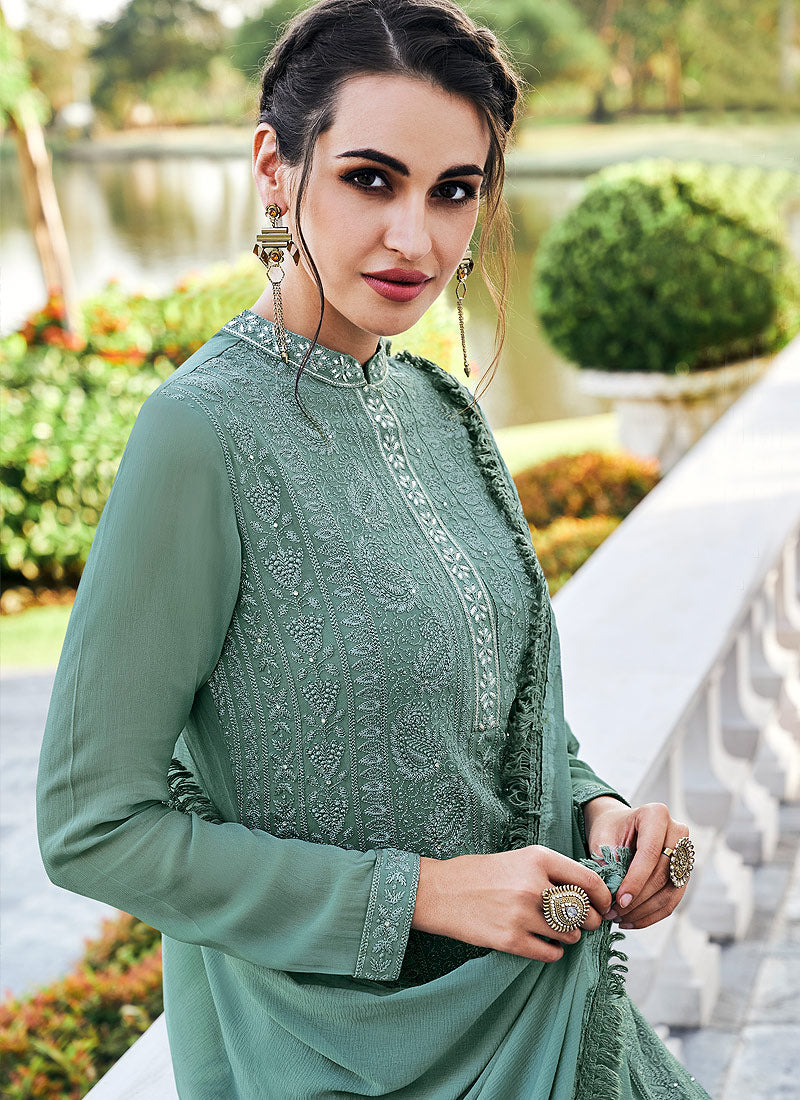 Indian Dresses - Green Lucknowi Pants Style Suit