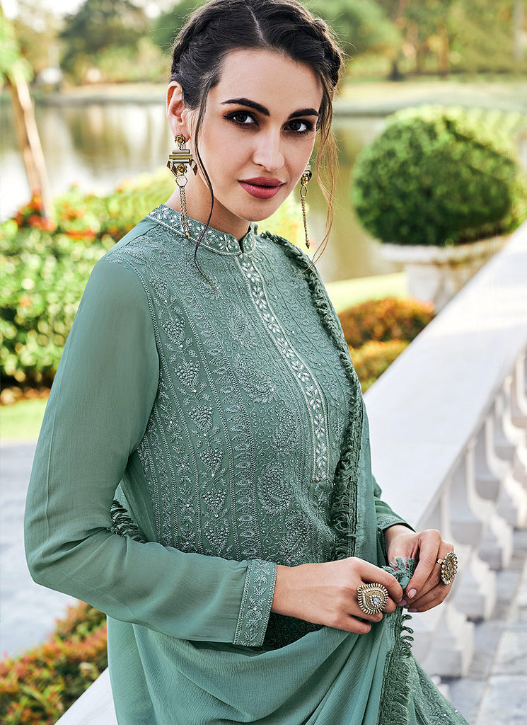Indian Dresses - Green Lucknowi Pants Style Suit