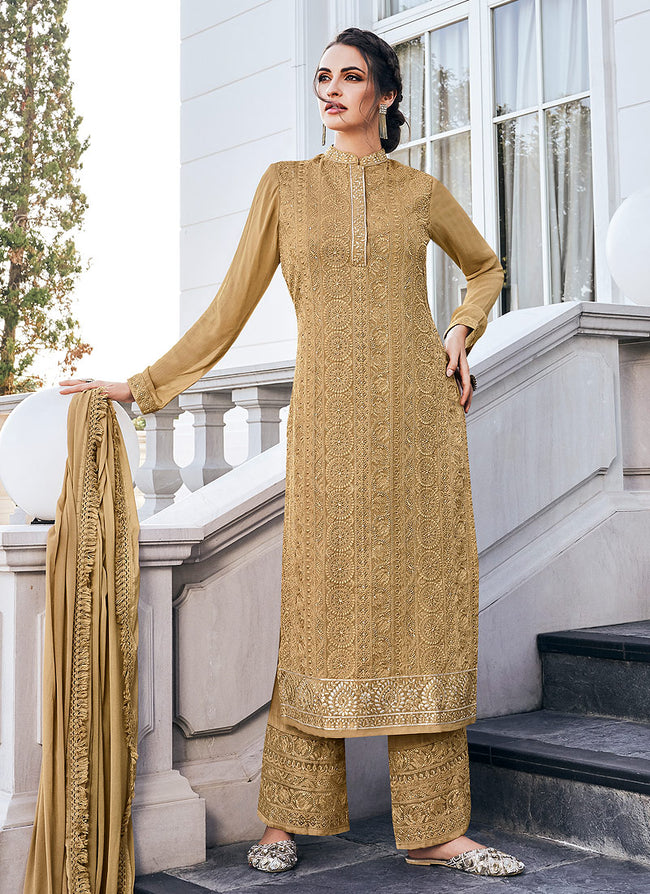 Salwar Kameez in Golden Chanderi with Embroidered - SK153303