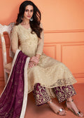 Beige And Maroon Floral Embroidered Palazzo Suit