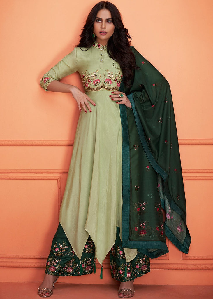 Green Floral Embroidered Palazzo Suit