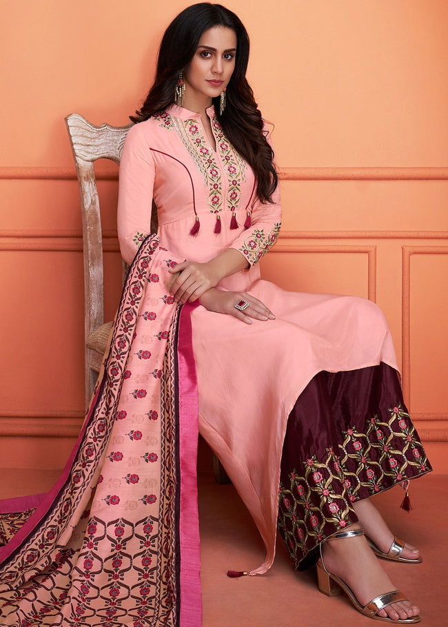 Pink And Maroon Floral Embroidered Palazzo Suit