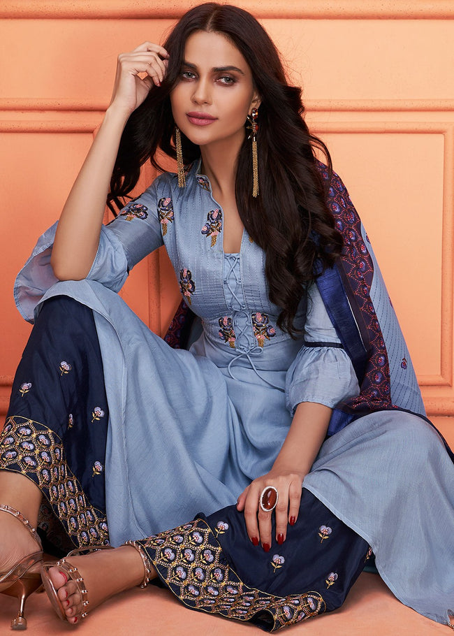 Pale Blue Floral Embroidered Palazzo Suit