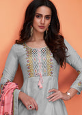 Grey And Pink Floral Embroidered Palazzo Suit
