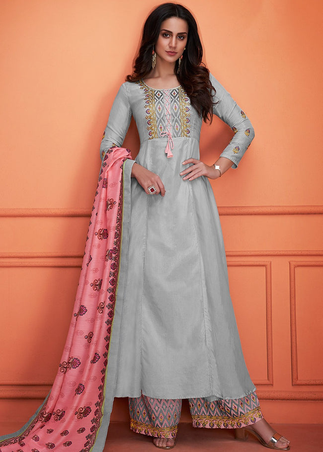 Grey And Pink Floral Embroidered Palazzo Suit