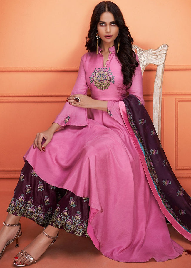 Hot Pink And Plum Floral Embroidered Palazzo Suit
