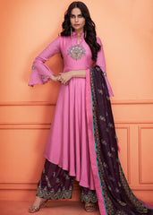 Hot Pink And Plum Floral Embroidered Palazzo Suit