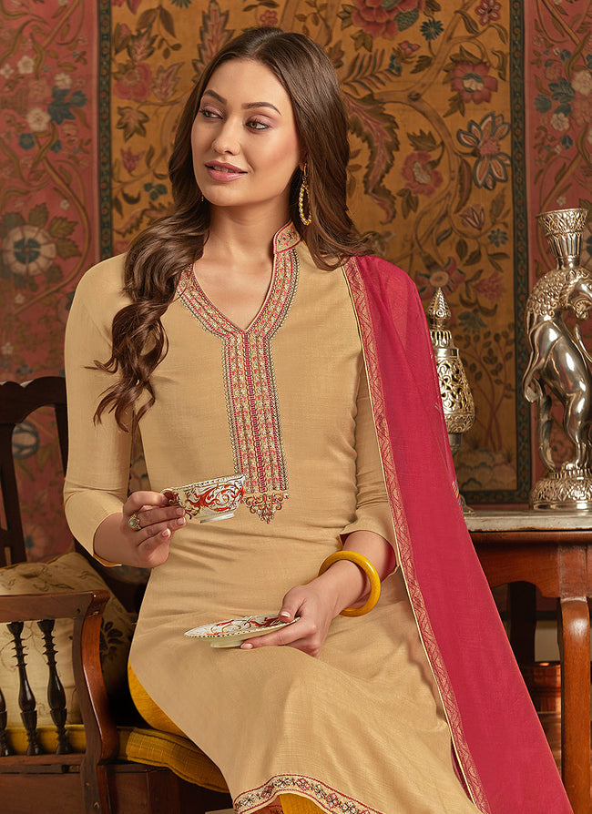 Indian Dresses - Beige And Pink Pant Style Suit 