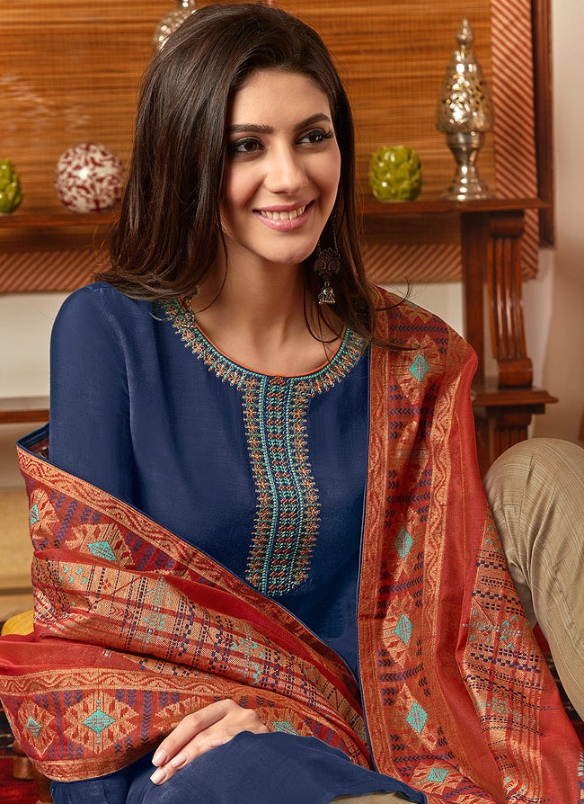 Indian Dresses - Blue And Orange Pant Style Suit