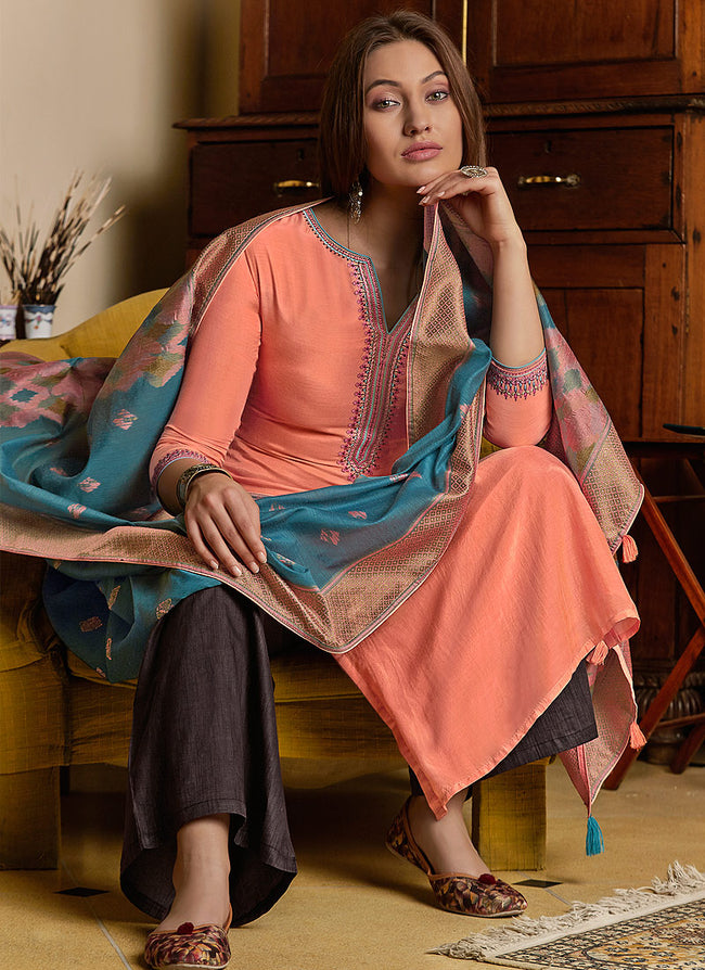 Indian Dresses - Peach And Blue Pant Style Suit