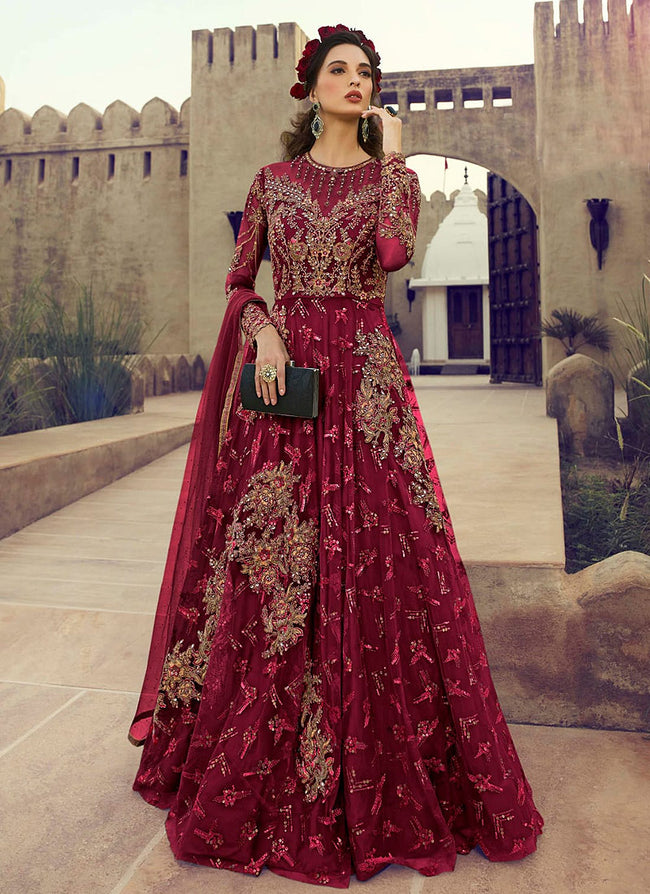 Indian Clothes - Deep Red Golden Embroidered Flared Anarkali Suit