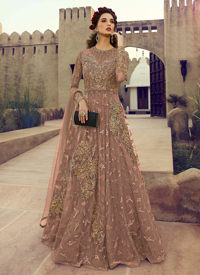 Indian Clothes - Mauve Golden Embroidered Flared Anarkali Suit