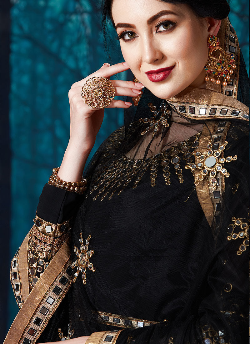 Black All Over Mirror Embroidered Anarkali Suit