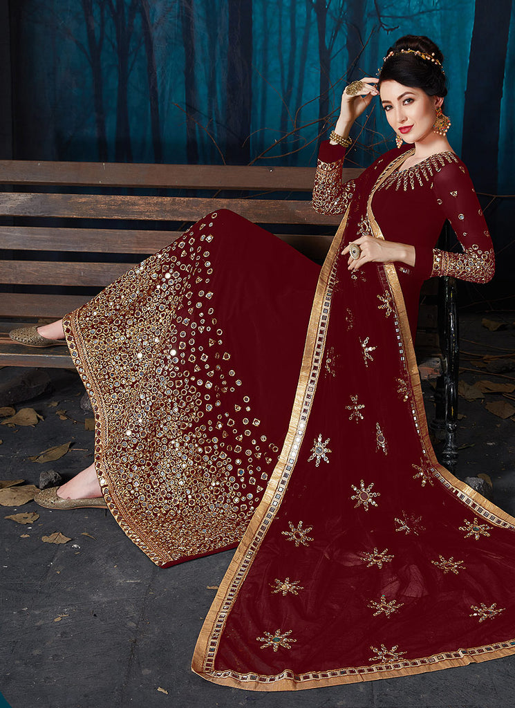 Red All Over Mirror Embroidered Anarkali Suit