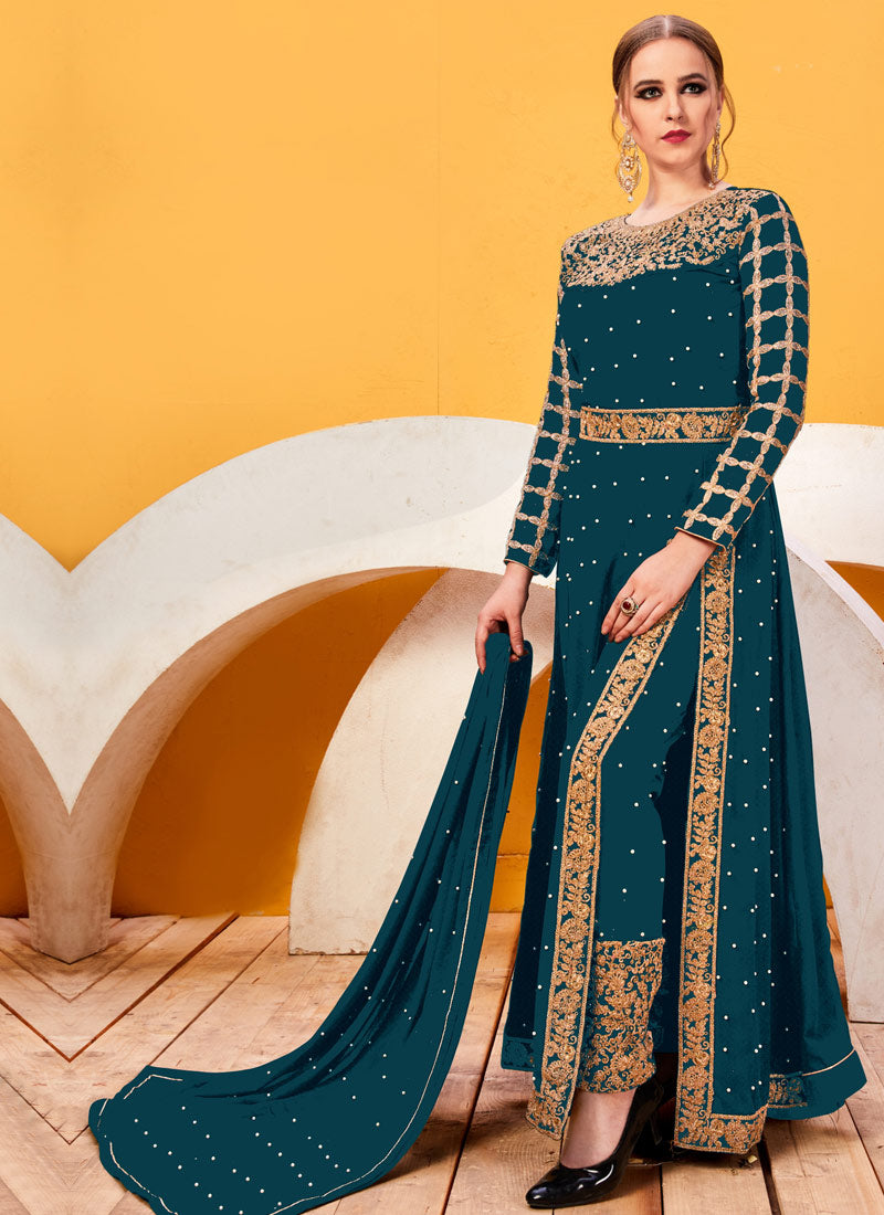 Teal Golden Heavy Embroidered Pant Suit