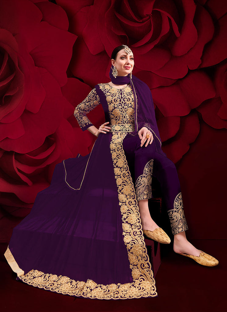 Purple Golden Anarkali Pant Suit In usa
