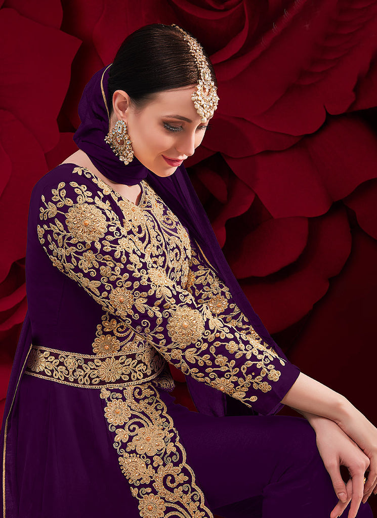 Purple Golden Anarkali Pant Suit In usa uk canada