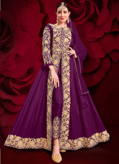 Purple Golden Embroidered Slit Style Anarkali Pant Suit