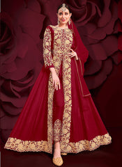 Red Golden Embroidered Slit Style Anarkali Pant Suit