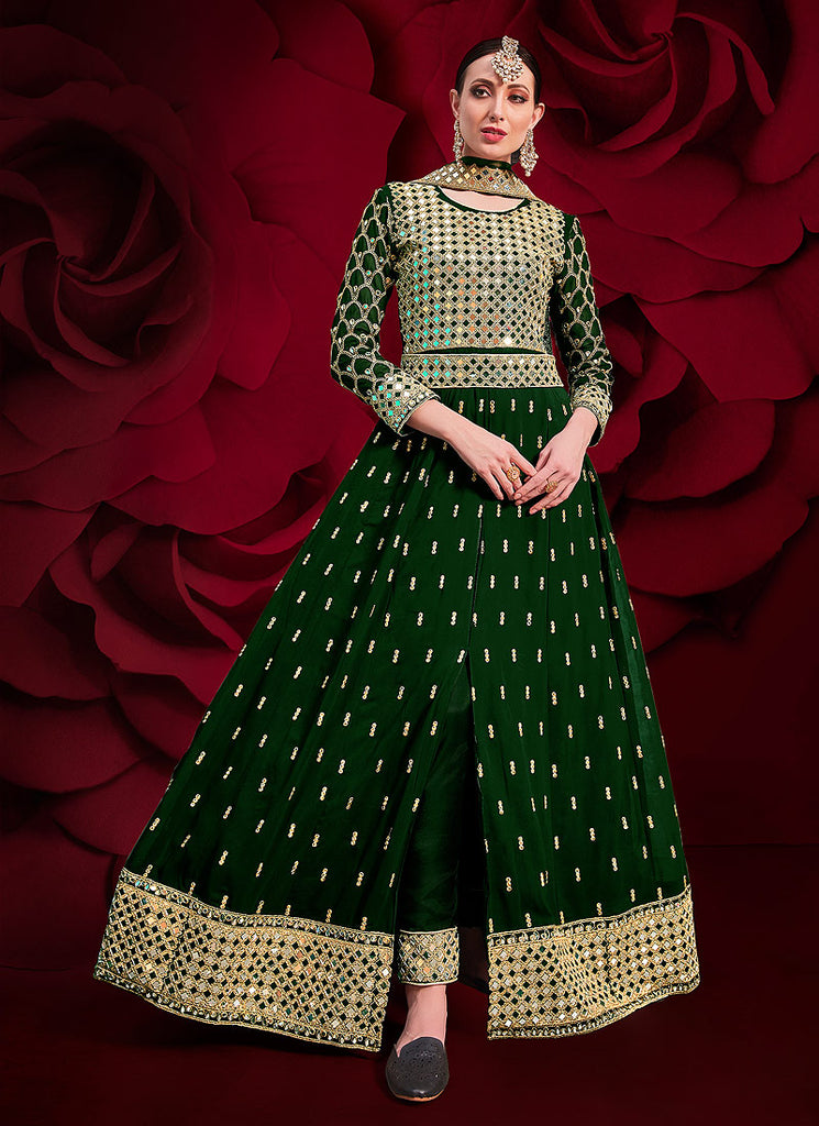 Buy Green Golden Mirror Work Slit Style Anarkali Pant Suit In USA, UK, Canada, Australia, Newzeland online Buy Green Golden Mirror Work Slit Style Anarkali Pant Suit In USA, UK, Canada, Australia, Newzeland online