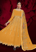 Yellow Golden Mirror Work Flared Anarkali Pant Suit