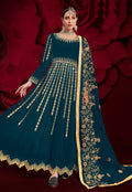 Turquoise Golden Mirror Work Flared Anarkali Pant Suit