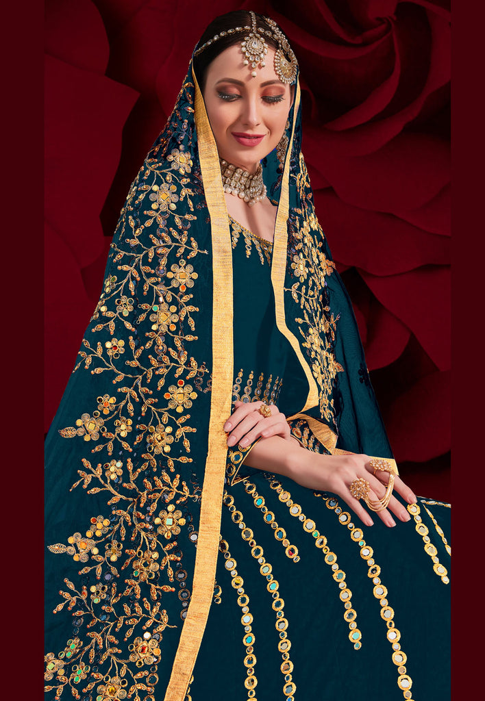 Turquoise Golden Anarkali Pant Suit In usa uk canada