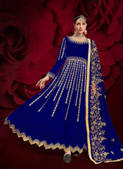 Blue Golden Mirror Work Flared Anarkali Pant Suit