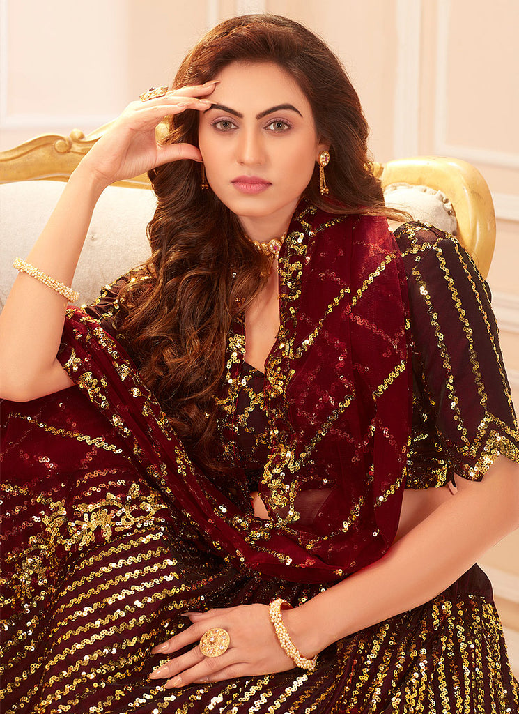 Maroon Golden Sequence Lehenga Choli In uk