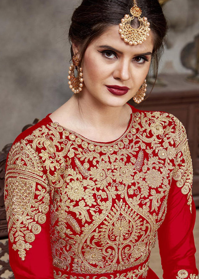 Indian Suits - Crimson Red Golden Afghan Dress