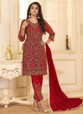 Bridal Red Traditional Embroidered Pant style Suit