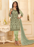 Pista Green Traditional Embroidered Pant style Suit