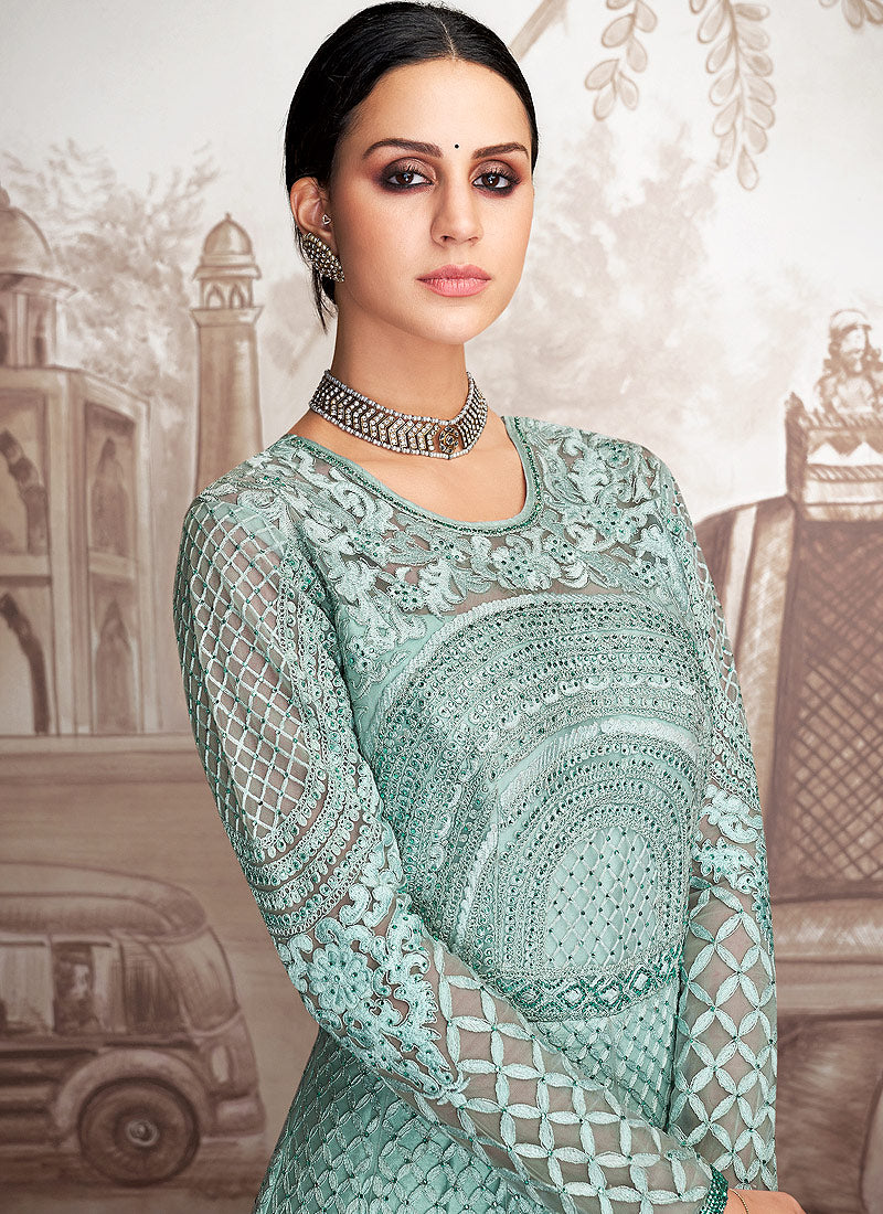 Indian Dresses - Aqua Blue Multi Anarkali Suit 