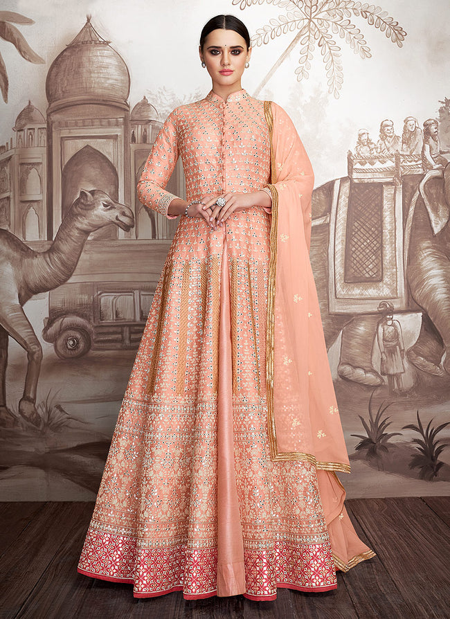 Online Fashion Shopping Stone Work Embroidered Coral Peach Anarkali Suit  LSTV110816