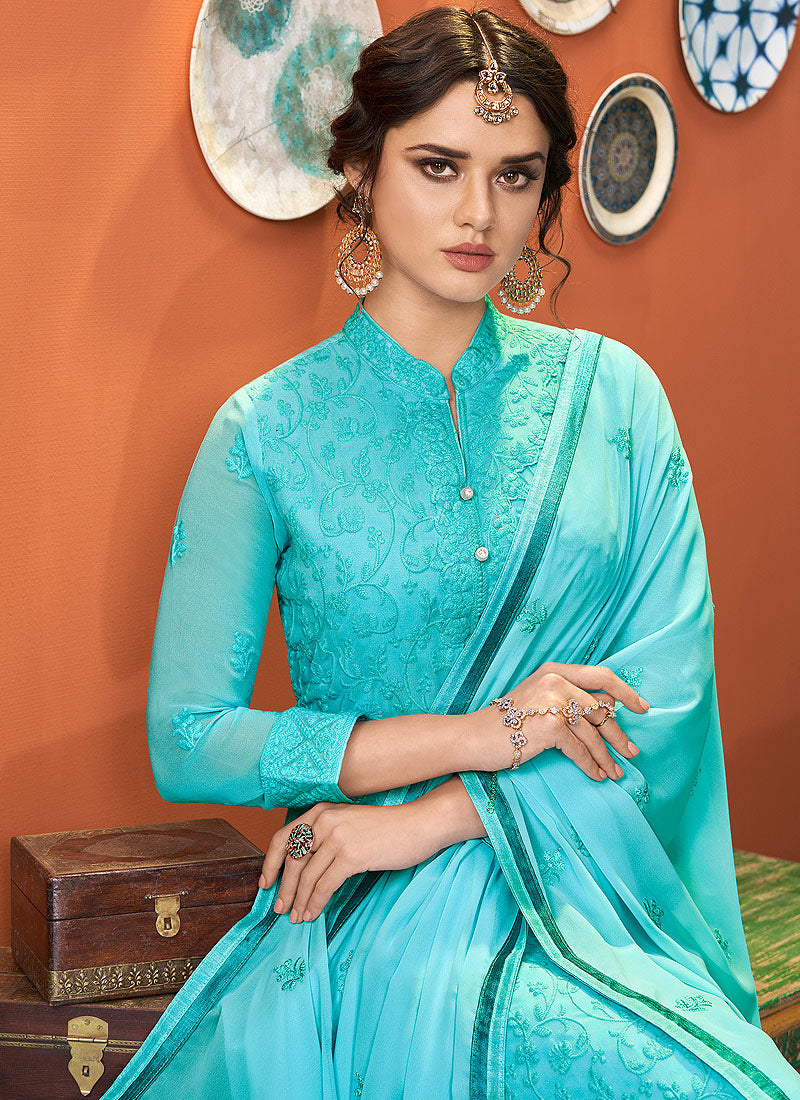 Indian Clothes - Sky Blue Lucknowi Palazzo Suit