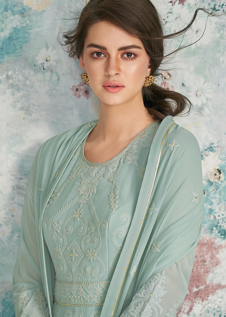 Indian Clothes - Light Blue Lucknowi Anarkali Suit