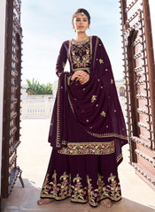 Plum Golden Embroidered Gharara Palazzo Suit