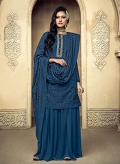 Blue Embroidered Sharara Suit
