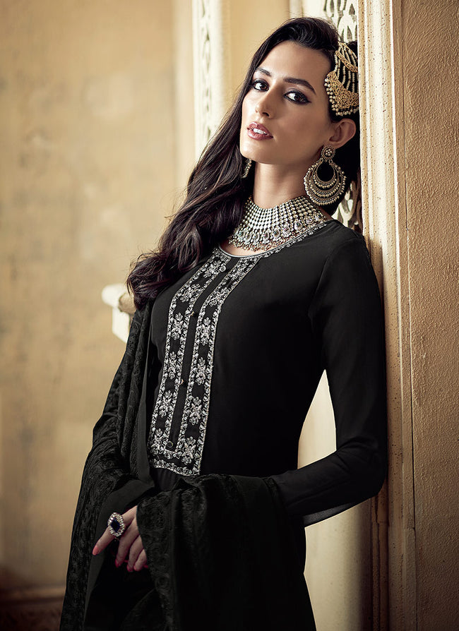 Indian Clothes - Black Allover Embroidered Designer Sharara Suit