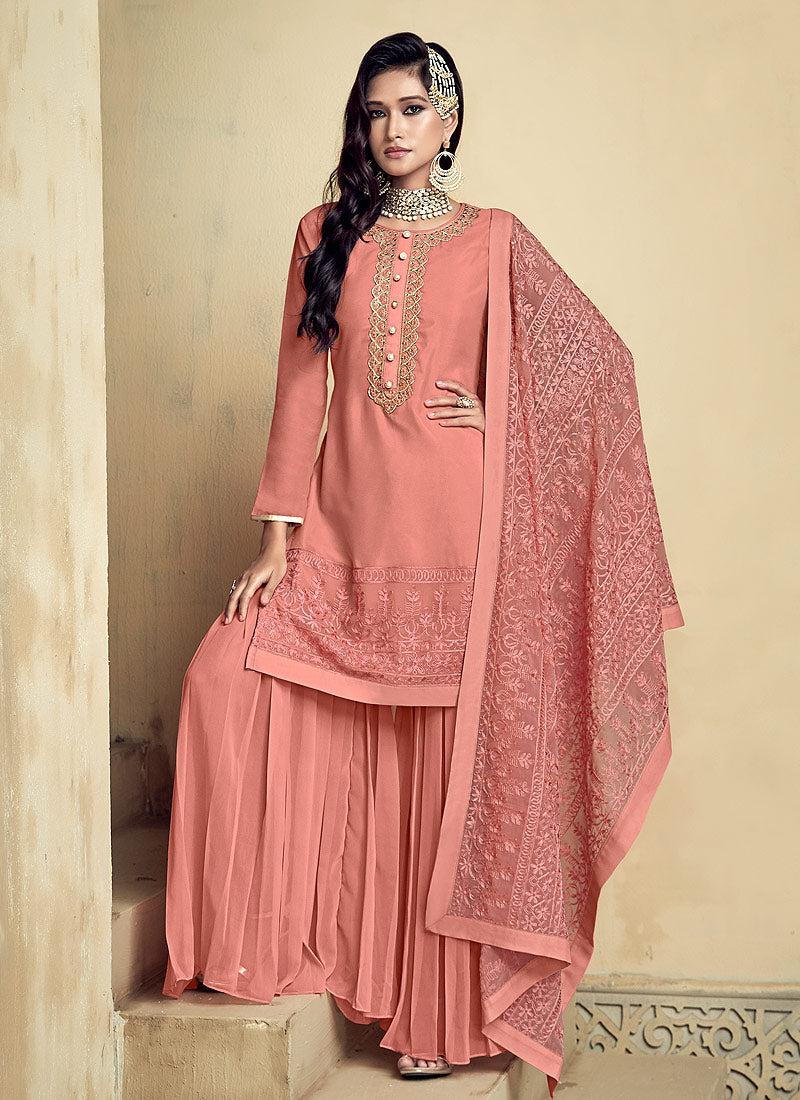 Peach Embroidered Sharara Suit