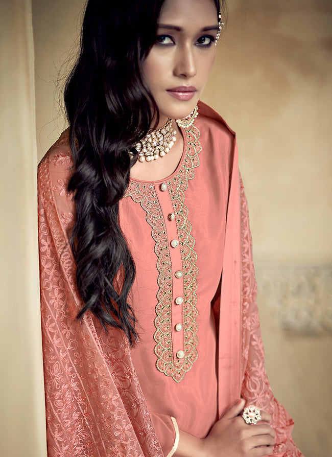 Indian Clothes - Peach Embroidered Sharara Suit