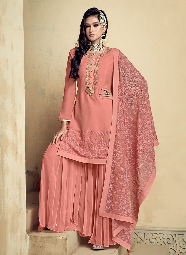 Peach Embroidered Sharara Suit