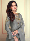 Indian Clothes - Deep Grey Silk Anarkali Suit Set