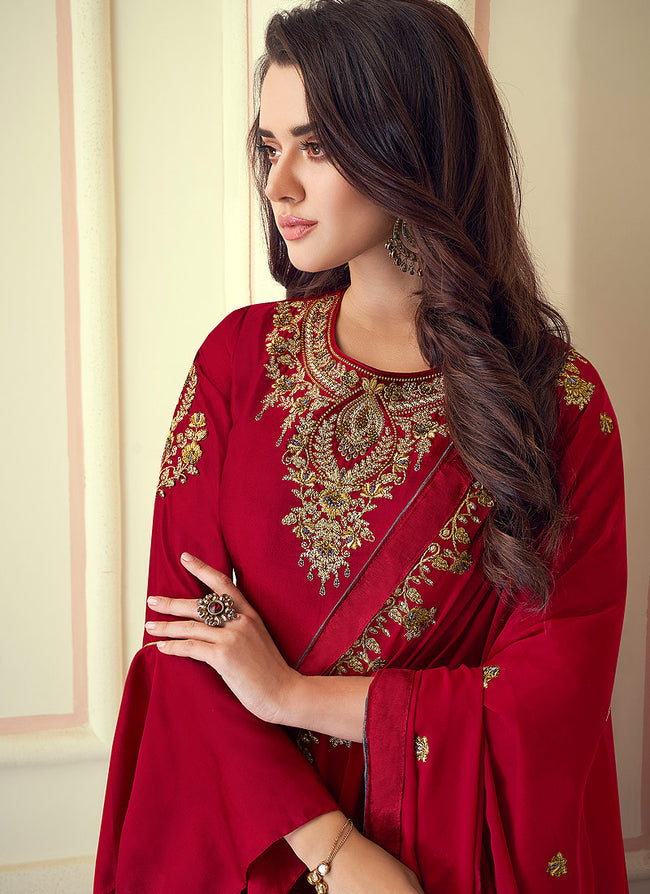 Indian Clothes - Bridal Red Silk Anarkali Suit Set