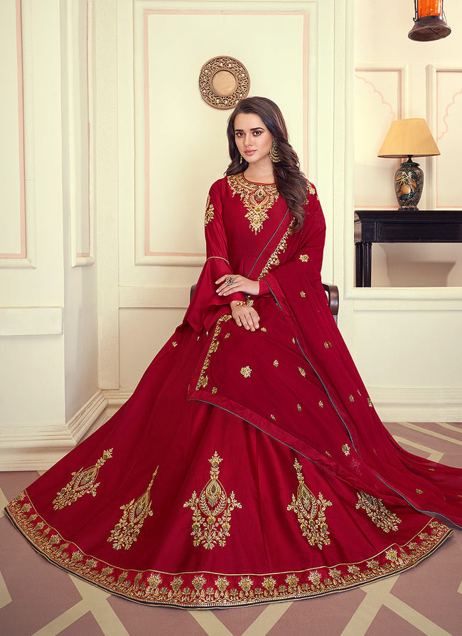 Indian Dresses - Red Anarkali Suit Set