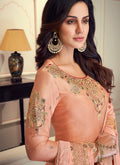 Indian Clothes - Peach Golden Designer Silk Anarkali Suit Set