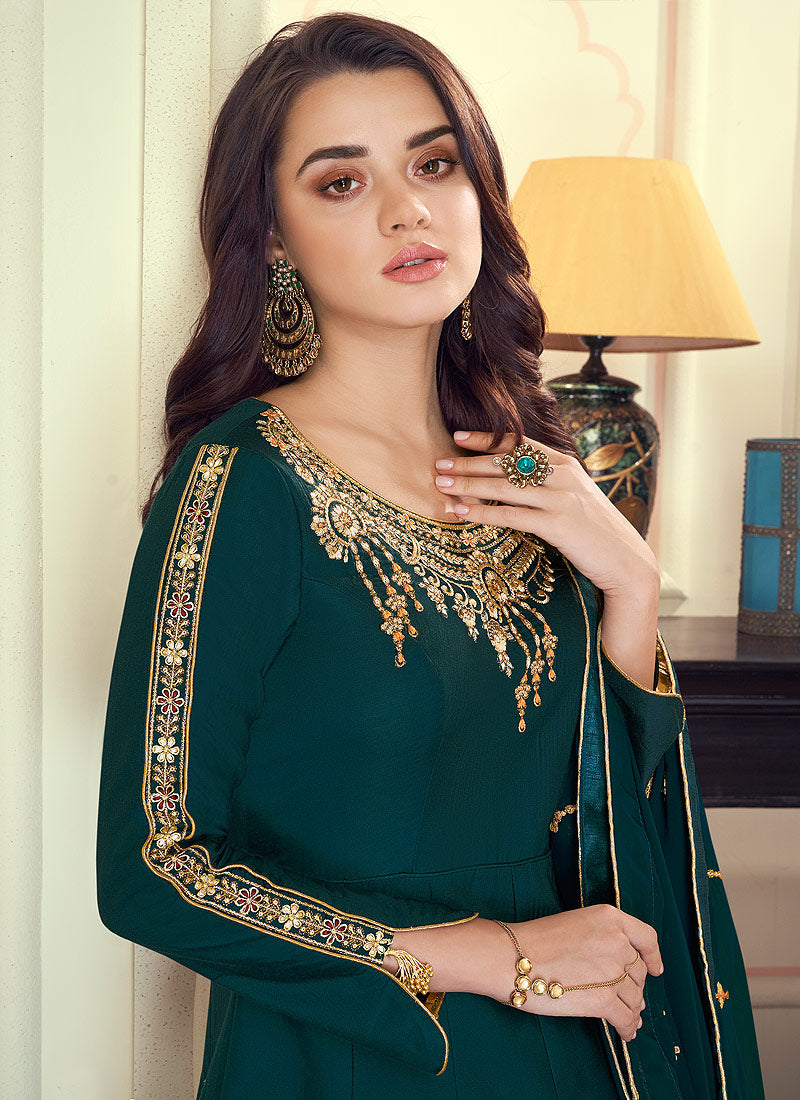Indian Clothes - Deep Green Silk Anarkali Suit Set