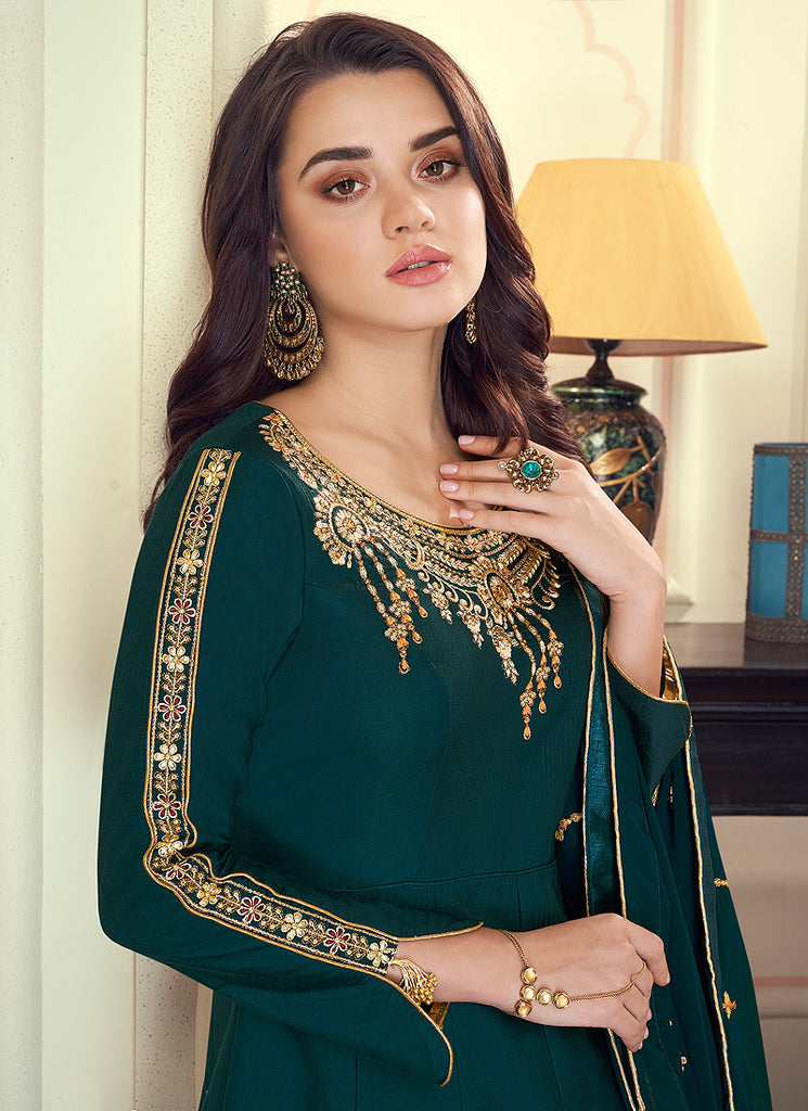 Indian Clothes - Deep Green Silk Anarkali Suit Set