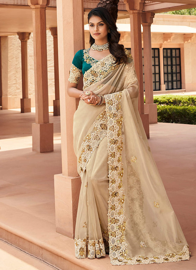 Off White And Green Embroidered Indian Silk Saree
